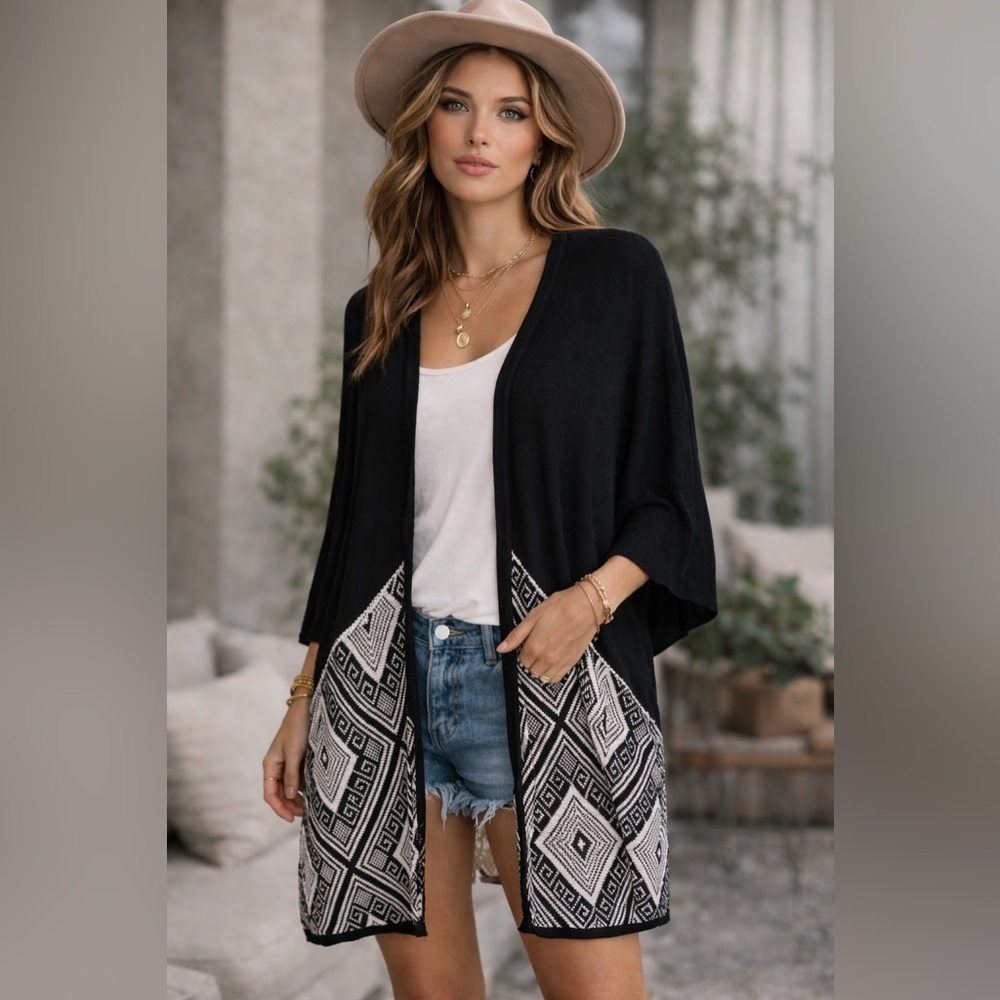 Umgee Black Open Front Cardigan Boho Fringe Crochet Back (1152-XL/1X-7)